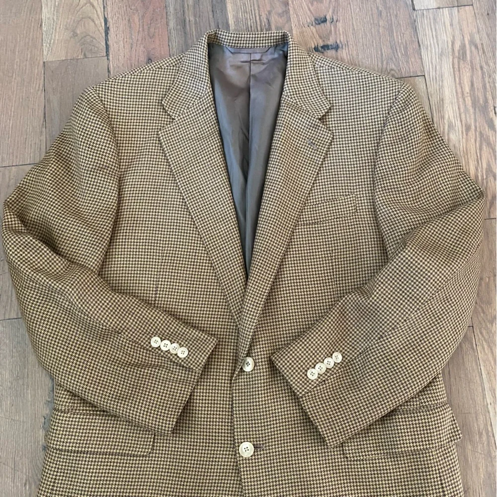 Hickey Freeman Mens Brown Wool Silk Houndstooth Blazer Size 43R